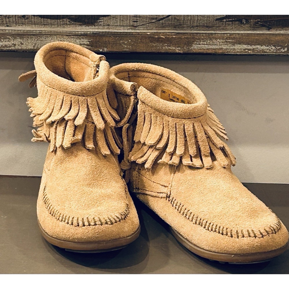 Minnetonka Brown‎ Zip Double Fringe Ankle Bootie/Moccasin Style Big Kid Size 2